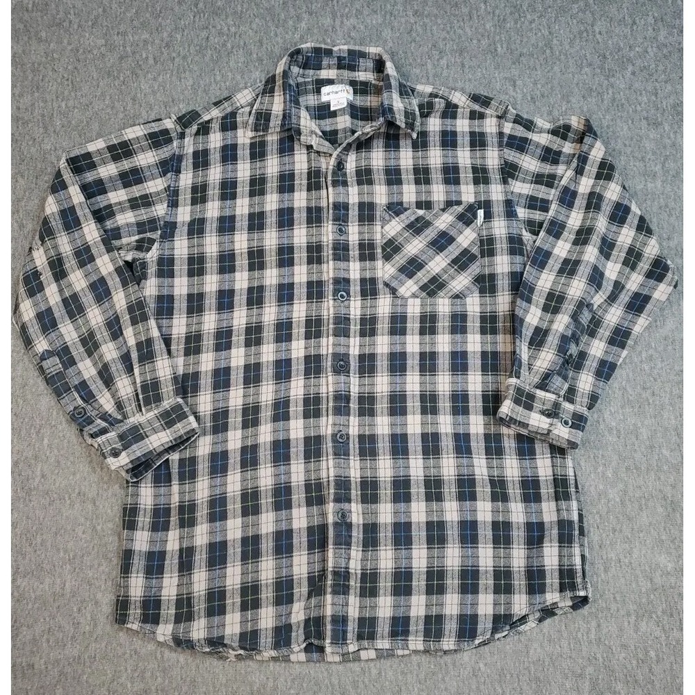 Carhartt Flannel Mens Large Gray Plaid Checkered Long Sleeve Shirt Outdoor Work
